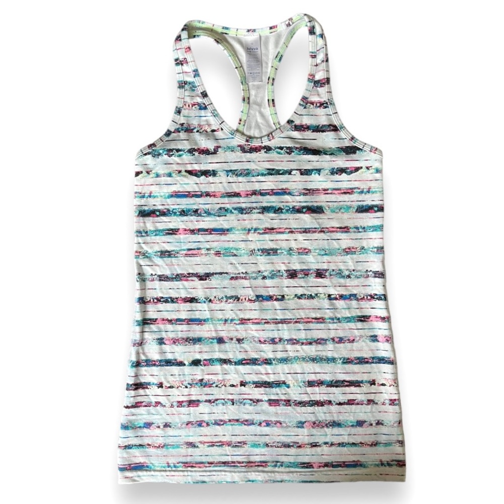 Ivivva Lululemon Girls Racerback Tank Top in White with Colorful Modern Stripes